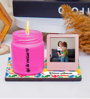 Kişiye Özel Fotoğraflı Ahşap Tabaklı İyi ki Varsın Yazılı Kokulu Mum,  (Pembe)