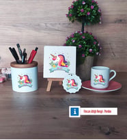Unicorn Hediye Seti Dekoratif Taş, Kalemlik, Ahşap Altlıklı Türk Kahvesi Fincanı, Ahşap Anahtarlık Hediye (Model 6)
