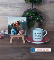 Babaya Hediye Fotoğraflı Dekoratif Taş, Ahşap Altlıklı Türk Kahvesi Fincanı Hediye (Model 6)