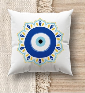 BK Gift Nazar Tasarımlı Beyaz Kırlent Yastık, Ev Hediyesi, Ev Dekorasyonu, Dekoratif Hediye (Model 1)