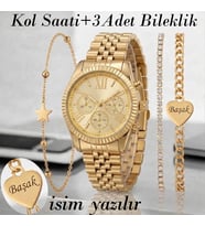 Kadın Kol Saati Zirkon Taşlı Prizma + 3 ADET BİLEKLİK Gold Renk Kadın Kol Saati BİLEKLİK HEDİYE  Gold Renk - Kız Arkadaşa hediye (Gold)