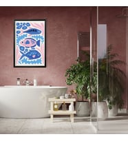 Tekli Ahşap Lamine Çerçeveli Mdf Banyo Tablosu Mavi Balıklar (Siyah)