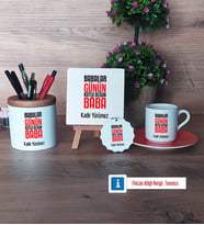 Babalar Günü Hediyesi Hediye Seti Dekoratif Taş, Kalemlik, Ahşap Altlıklı Türk Kahvesi Fincanı, Ahşap Anahtarlık Hediye Babaya Hediye (Model 8)