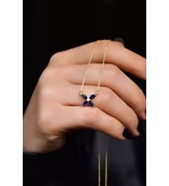 Papatya Silver 925 Ayar Gümüş Gold Kaplama Zirkon Taşlı Plumeria Kolye (Lacivert)