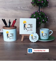 Mühendisler Günü Hediyesi Hediye Seti Dekoratif Taş, Kalemlik, Ahşap Altlıklı Türk Kahvesi Fincanı, Ahşap Anahtarlık Hediye (Model 9)