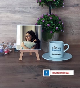Matematik Öğretmeni Fotoğraflı Dekoratif Taş, Ahşap Altlıklı Türk Kahvesi Fincanı Hediye Matematik Öğretmenine Hediye (Model 2)