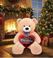 Christmas Temalı Kalp Yastık Hediyeli - Papyonlu Sevimli Peluş Şaşkın Ayı 80 cm - Sevgiliye Özel HEDİYE (Bej) - Yılbaşı Özel
