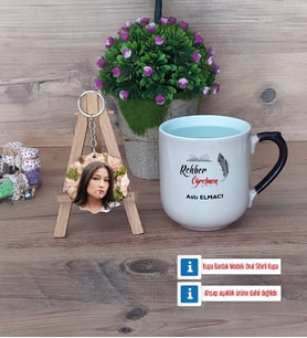Rehber Öğretmen Kupa Bardak Beyaz ve Fotoğraflı Ahşap Anahtarlık Hediye (Model 10)