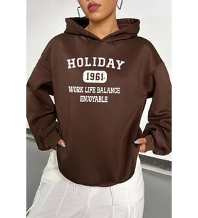 Holiday Baskılı Unisex Oversize Sweatshirt (Kahverengi)