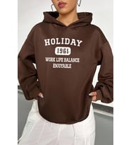 Holiday Baskılı Unisex Oversize Sweatshirt (Kahverengi)