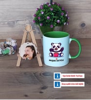 Sevimli Panda Kupa Bardak Beyaz ve Fotoğraflı Ahşap Anahtarlık Hediye (Model 14)