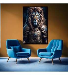 Metal Çerçeveli Temperli Cam Tablo Zırhlı Aslan (Siyah)
