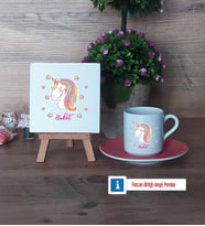 Unicorn Dekoratif Taş, Türk Kahvesi Fincanı Kırmızı İsme Özel Hediye (Model 4)