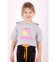 Toontoy Kız Çocuk Instagram Baskılı Kapüşonlu Tişört ( Gri-Melanj)