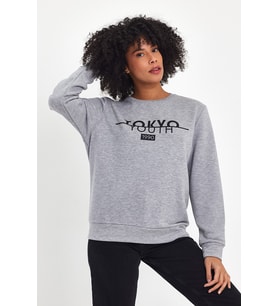 Kadın Bisiklet Yaka Rahat Kalıp 3 iplik Kalın Tokyo Baskılı  Sweatshirt SPR24SWk30 ( Gri-Melanj)