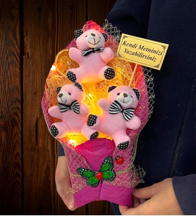 Kişiye Özel Led Işıklı Pembe Peluş Ayıcıklı Büyük Boy Buket Fuşya