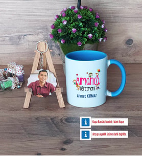 Almanca Öğretmeni Kupa Bardak Beyaz ve Fotoğraflı Ahşap Anahtarlık Hediye (Model 4)