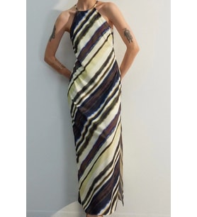 Moda Kolsuz Halter Yaka Çok Renkli Batik Desenli Düz Kesim Kolsuz Maxi Astarlı Saten Dokuma Elbise (Çok Renkli)
