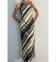 Moda Kolsuz Halter Yaka Çok Renkli Batik Desenli Düz Kesim Kolsuz Maxi Astarlı Saten Dokuma Elbise (Çok Renkli)