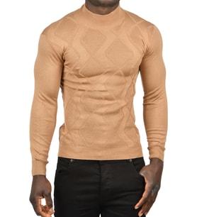 DeepSEA Erkek  DeepSEA Baklava Desenli Slim Fit Yarım Balıkçı Yaka Triko Boğazlı Kazak 2505511 (Camel)