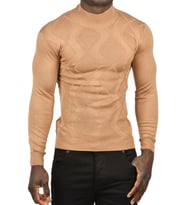 DeepSEA Erkek  DeepSEA Baklava Desenli Slim Fit Yarım Balıkçı Yaka Triko Boğazlı Kazak 2505511 (Camel)