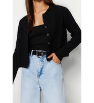 Kadın Modern Tarz Slim Bisiklet Yaka Crop Triko Takım (Siyah)