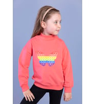 Toontoy Kız Çocuk Pamuklu Balıkçı Yaka Popıt Desenli Sweatshirt (Nar Çiçeği)