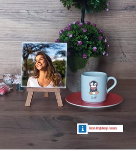 Tatlı Penguen Fotoğraflı Dekoratif Taş, Ahşap Altlıklı Türk Kahvesi Fincanı Hediye (Model 8)