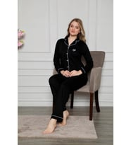 Kadın Gömlek Yaka Önden Düğmeli Cepli Uzun Kol Mevsimlik Pamuk Pijama Takım (Siyah)