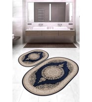 Dijital Baskılı Kaymaz Taban Yıkanabilir Oval 2'li Klozet Takımı Banyo Paspası NOKZ-HT-1000 (Lacivert)