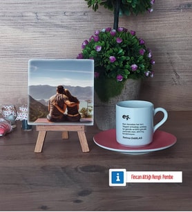 Eşe Hediye Fotoğraflı Dekoratif Taş, Ahşap Altlıklı Türk Kahvesi Fincanı Hediye (Model 6)