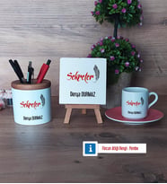 Sekretere Hediye Hediye Seti Dekoratif Taş, Kalemlik, Ahşap Altlıklı Türk Kahvesi Fincanı Hediye (Model 6)