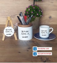 Amcaya Hediye Hediye Sepeti Kalemlik, Türk Kahvesi Fincanı Kırmızı, Ahşap Anahtarlık Hediye (Model 2)
