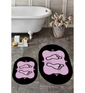 EVDEYA Dijital Yıkanabilir Modern Ayak İzi Desen İkili Oval Banyo Halısı Klozet Takımı, OKLOZET-20-GOLD, (Siyah)