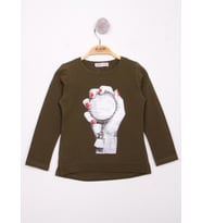 Toontoy Kız Çocuk El Baskılı T-Shirt (Haki)