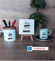 Arkadaşa Hediye Hediye Seti Dekoratif Taş, Kalemlik, Ahşap Altlıklı Türk Kahvesi Fincanı Hediye Doğum Günü Hediyesi (Model 7)