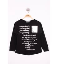 Toontoy Kız Çocuk Varaklı Cep Baskılı T-Shirt (Siyah)
