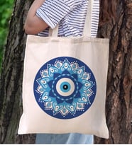 BK Gift Nazar Boncuğu Tasarımlı Kanvas Bez Çanta, Baskılı Omuz Çantası, Alışveriş Çantası, Plaj Çantası, Arkadaşa Hediye- (Model 2)