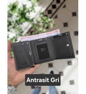 VİSSO 684 Hakiki Deri Kağıt Para Bölmeli Mekanizmalı Kartlık Cüzdan Çanta YEŞİL GRANDA (Gri)