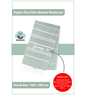 giftcrea Kişiselleştirilebilir İsim Baskılı Peştemal Yerli Pamuk 100x180cm (XL) Peştamal ve Plaj Havlusu (Yeşil)