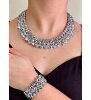Kristal Taşlı Türk El Yapımı Gerdanlık Model Kolye ve Bilezik Set (Metal)