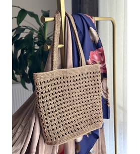 Hasır çanta, Kadın Örgü Çanta, Kadın Yazlık Omuz Çantası, Shopper Çanta, Plaj Çantası (Bej)