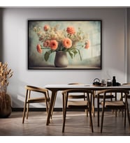 Metal Çerçeveli Yatay Cam Tablo Pastel Şakayık Çiçeği Tasarımı (Siyah)