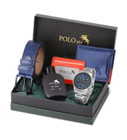 Polo Air Erkek Set Kombin Kemer Cüzdan Karlık Parfüm Kol Saati Hediyelik Kutusunda Set PL-0975E (Lacivert-Gumus)