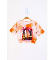 Toontoy Kız Çocuk Batik Desenli Fashıon Baskılı Crop Tişört (Turuncu)