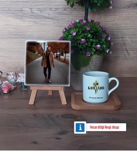 Komando Fotoğraflı Dekoratif Taş, Ahşap Altlıklı Türk Kahvesi Fincanı Hediye (Model 1)