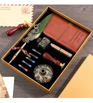 Kişiye Özel Hediye Retro Tüylü Dolma Kalem Mühür Ve Not Defteri Seti (Koyu Yeşil)