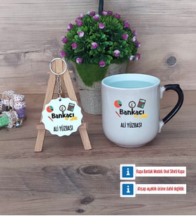 Bankacı Kupa Bardak Kırmızı ve Ahşap Anahtarlık Hediye (Model 9)