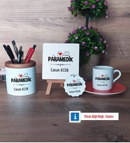 Paramedik Hediye Seti Dekoratif Taş, Kalemlik, Ahşap Altlıklı Türk Kahvesi Fincanı, Ahşap Anahtarlık Hediye (Model 8)
