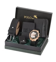 Polo Air Erkek Kol Saati Kemer Cüzdan Kartlık Çakmak Kombin Set Siyah Renk PL-0790E (Siyah-Bakır)
